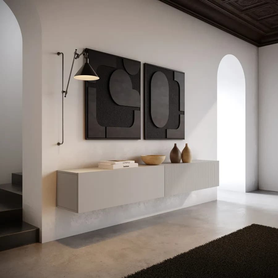Mobile porta tv 200x31h cm sospeso cashmere cannettato con 2 ante - Ingrid