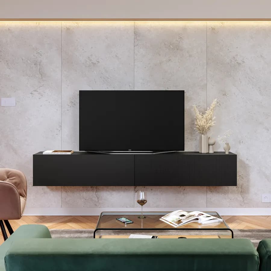 Mobile porta tv 200x31h cm sospeso nero opaco e cannettato con 2 ante - Ingrid