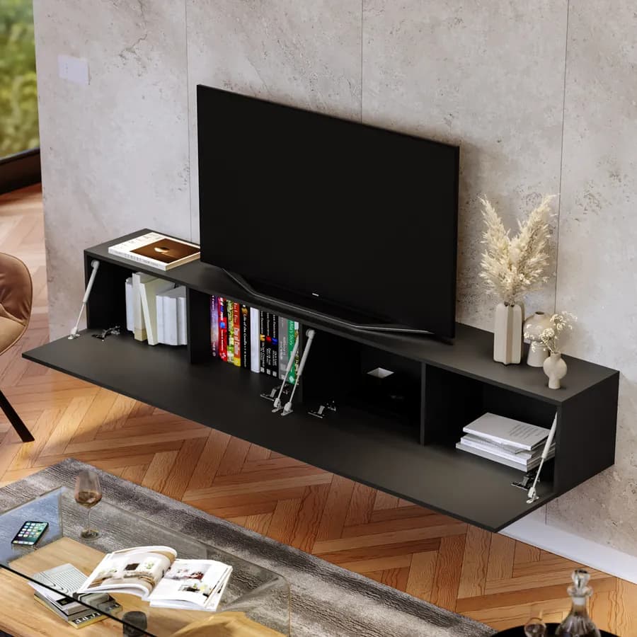 Mobile porta tv 200x31h cm sospeso nero opaco e cannettato con 2 ante - Ingrid