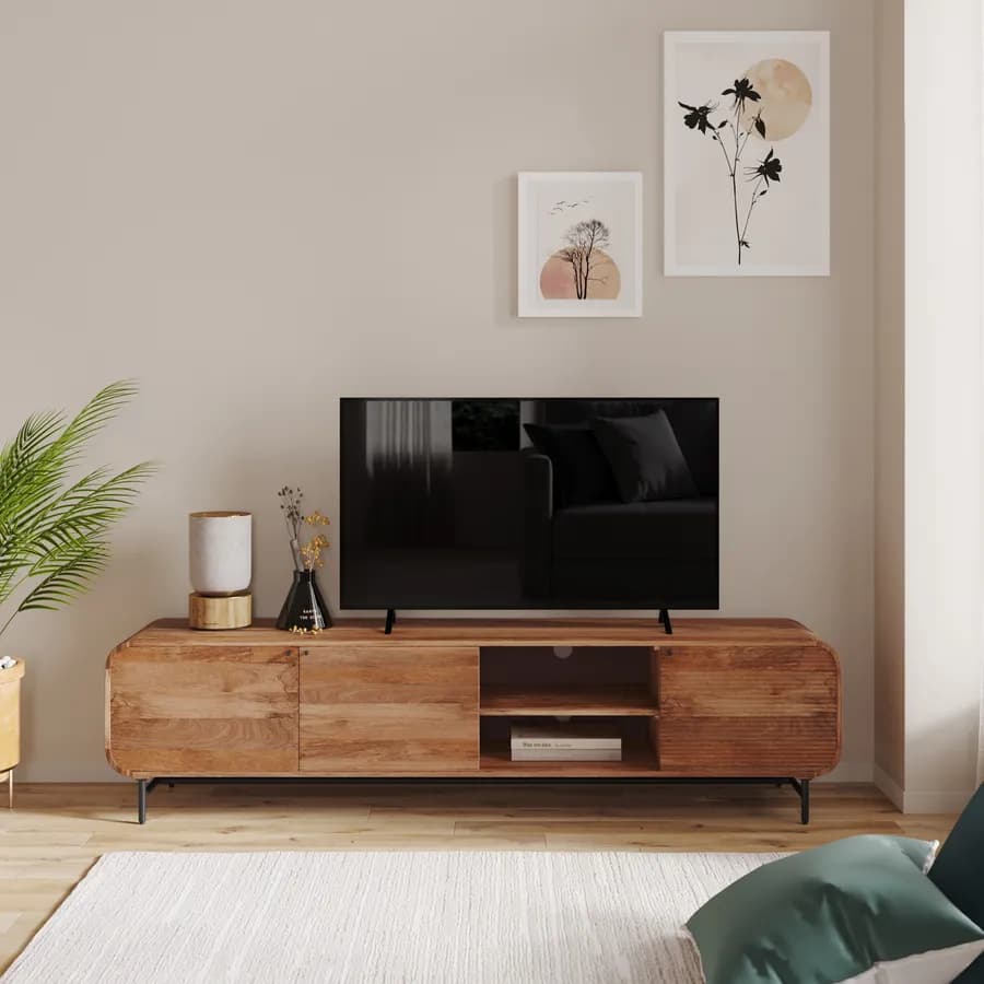 Mobile porta tv 200x50h cm in legno di mango cannettato con 3 ante - Mumbai
