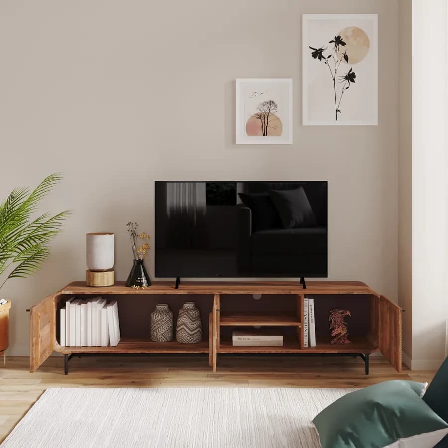 Mobile porta tv 200x50h cm in legno di mango cannettato con 3 ante - Mumbai