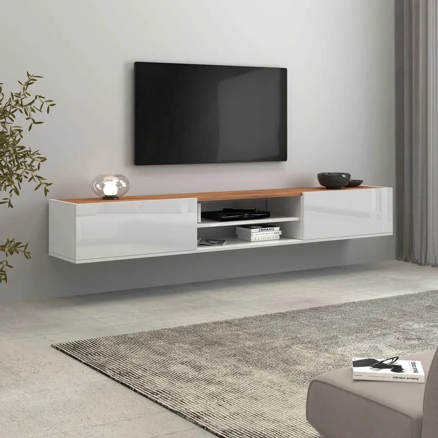 Mobile porta tv 210x30h cm bianco lucido top rovere wotan con 2 ante sospeso e a terra - Loira