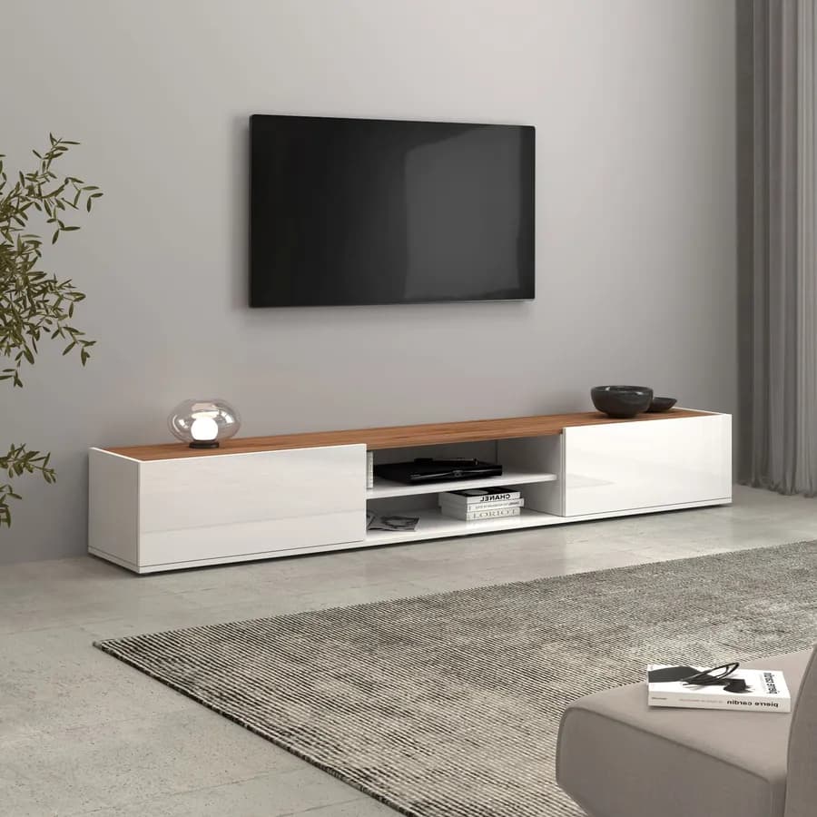 Mobile porta tv 210x30h cm bianco lucido top rovere wotan con 2 ante sospeso e a terra - Loira