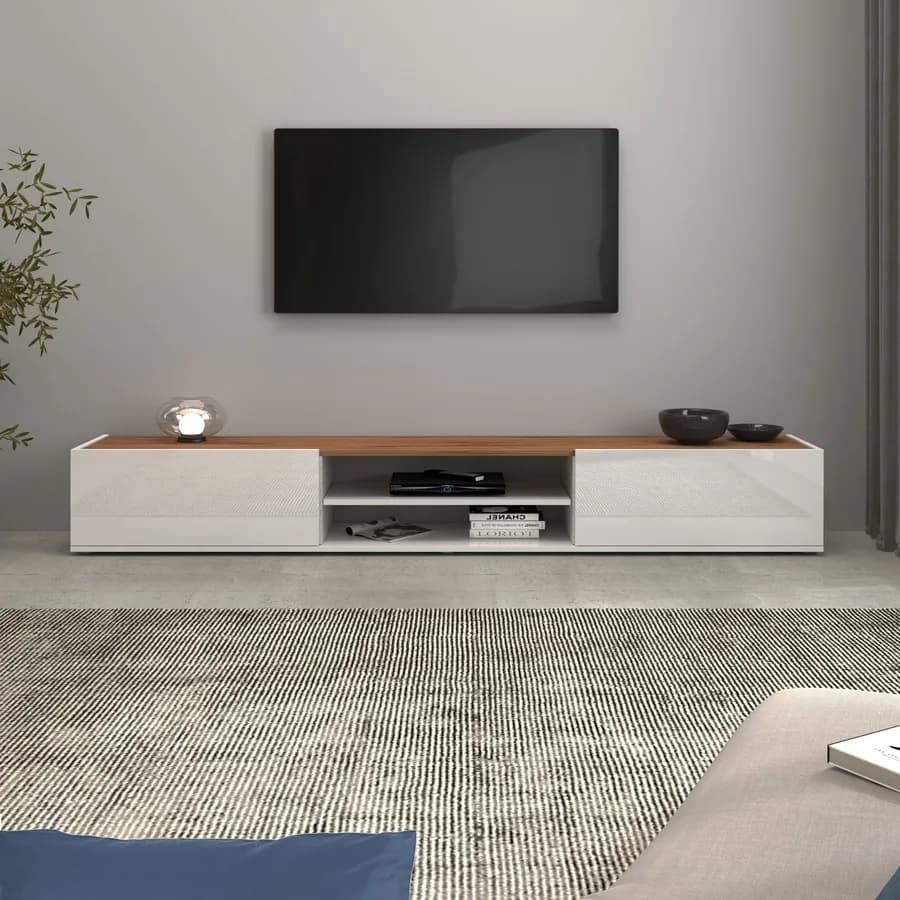 Mobile porta tv 210x30h cm bianco lucido top rovere wotan con 2 ante sospeso e a terra - Loira