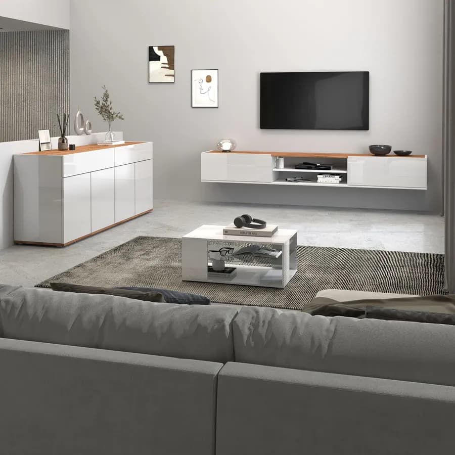 Mobile porta tv 210x30h cm bianco lucido top rovere wotan con 2 ante sospeso e a terra - Loira