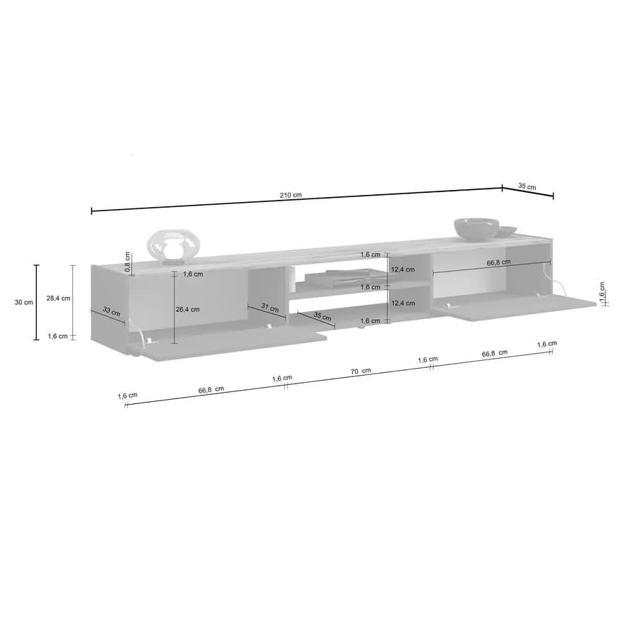 Mobile porta tv 210x30h cm bianco lucido top rovere wotan con 2 ante sospeso e a terra - Loira