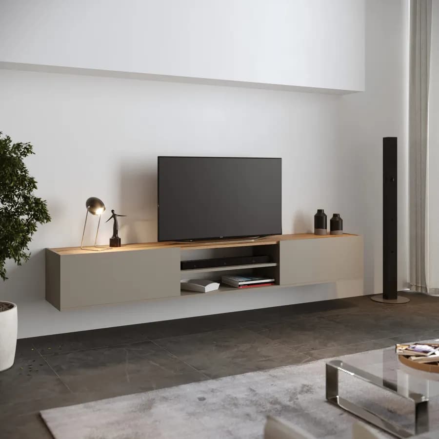 Mobile porta tv 210x30h cm tortora opaco top rovere wotan con 2 ante sospeso e a terra - Loira
