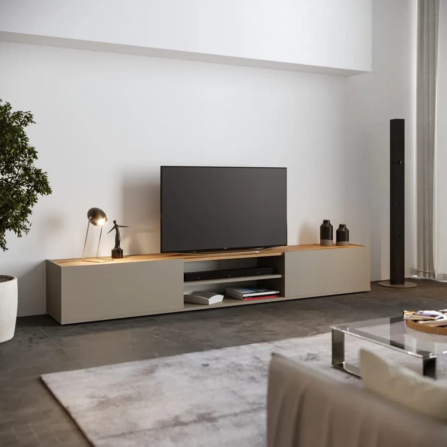 Mobile porta tv 210x30h cm tortora opaco top rovere wotan con 2 ante sospeso e a terra - Loira