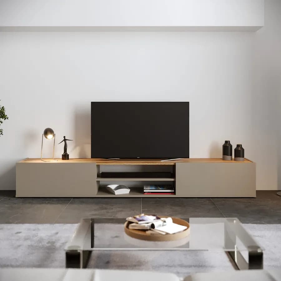 Mobile porta tv 210x30h cm tortora opaco top rovere wotan con 2 ante sospeso e a terra - Loira