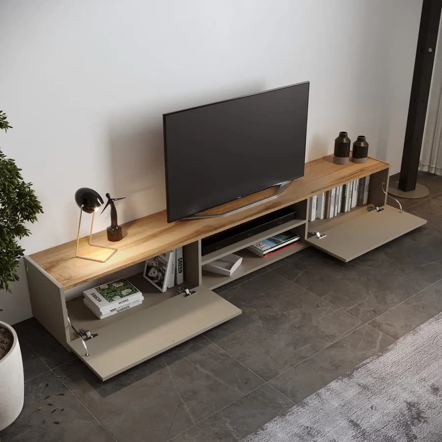 Mobile porta tv 210x30h cm tortora opaco top rovere wotan con 2 ante sospeso e a terra - Loira