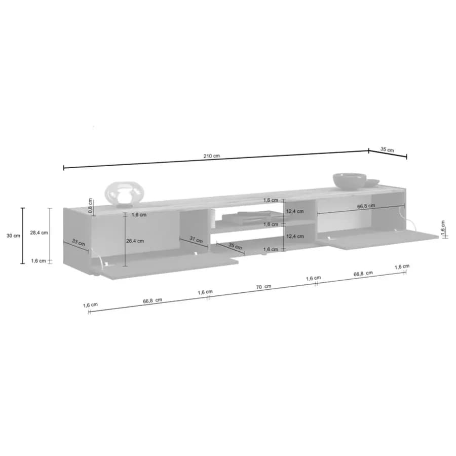 Mobile porta tv 210x30h cm tortora opaco top rovere wotan con 2 ante sospeso e a terra - Loira