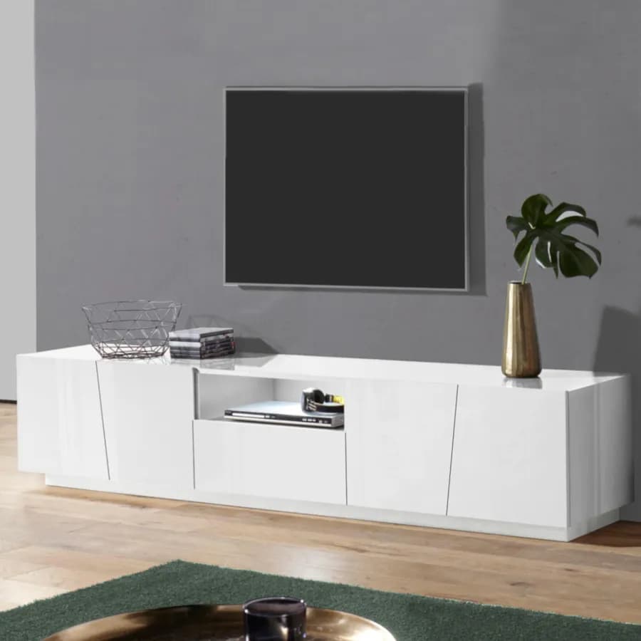 Mobile porta tv 220 cm con 4 ante e 1 cassetto in legno bianco lucido - Meg