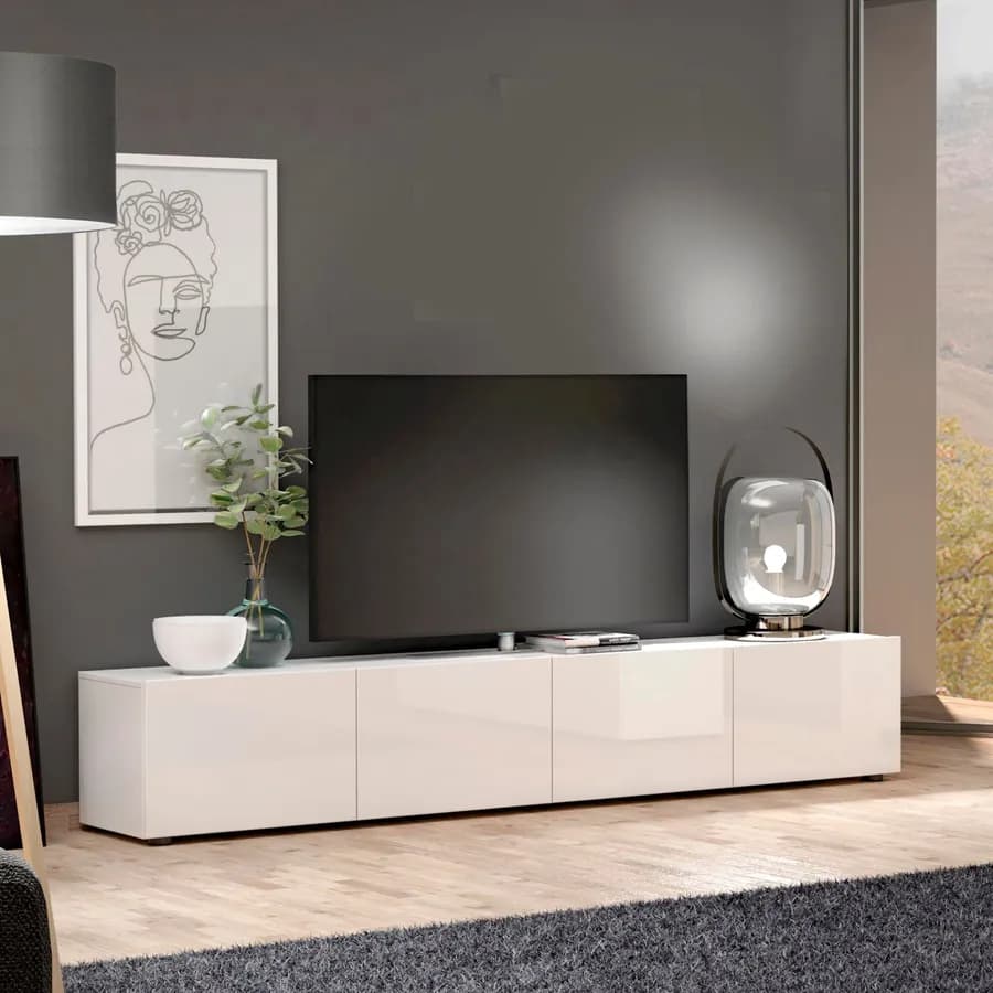 Mobile porta tv 225x39h cm bianco lucido con 4 ribalte - Macie