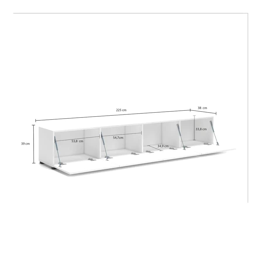 Mobile porta tv 225x39h cm bianco lucido con 4 ribalte - Macie