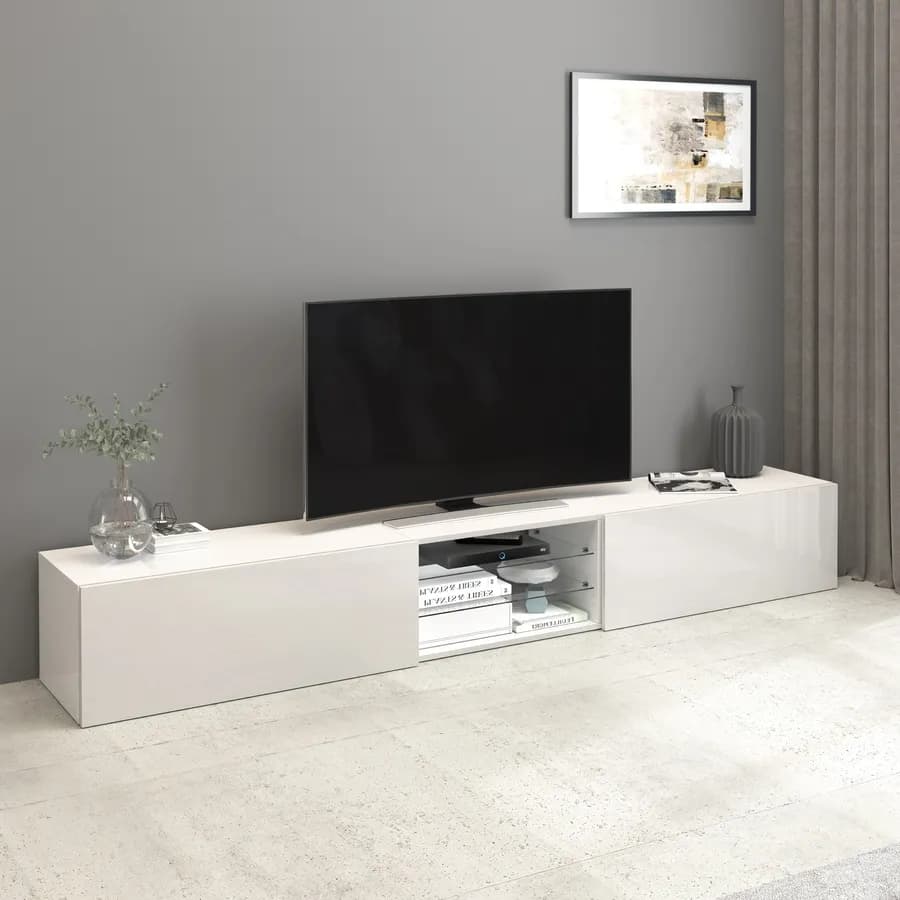 Mobile porta tv 240x35h cm bianco lucido con 2 ante e 2 ripiani- Carim