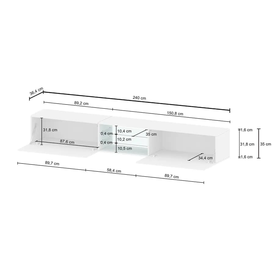 Mobile porta tv 240x35h cm bianco lucido con 2 ante e 2 ripiani- Carim