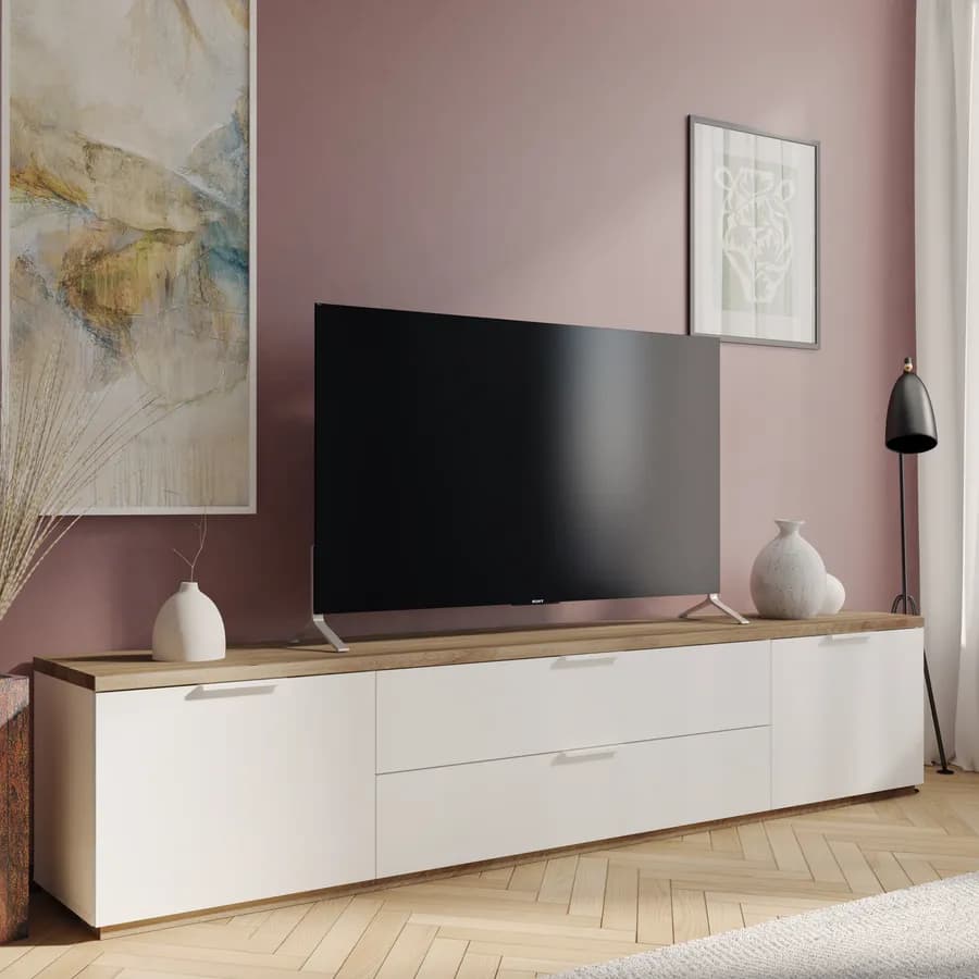 Mobile porta tv 240x41 cm in legno bianco lucido e rovere artisan - Boras living
