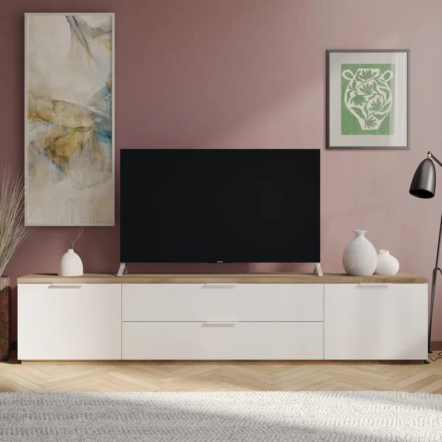 Mobile porta tv 240x41 cm in legno bianco lucido e rovere artisan - Boras living