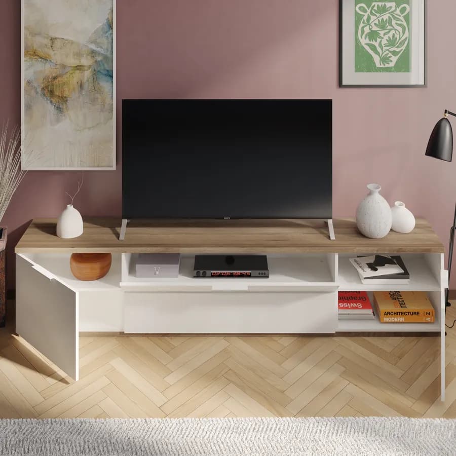 Mobile porta tv 240x41 cm in legno bianco lucido e rovere artisan - Boras living