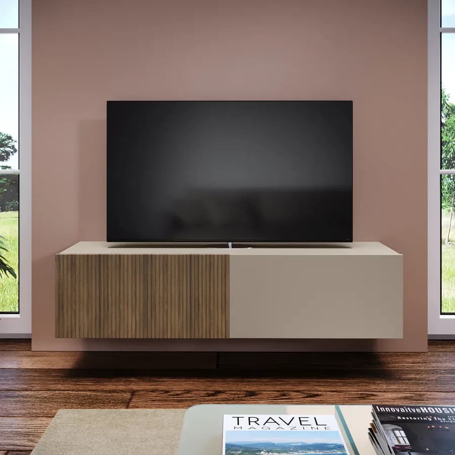 Mobile porta tv sospeso 135x32h cm tortora e rovere millennium cannettato con 2 ante - Zelma