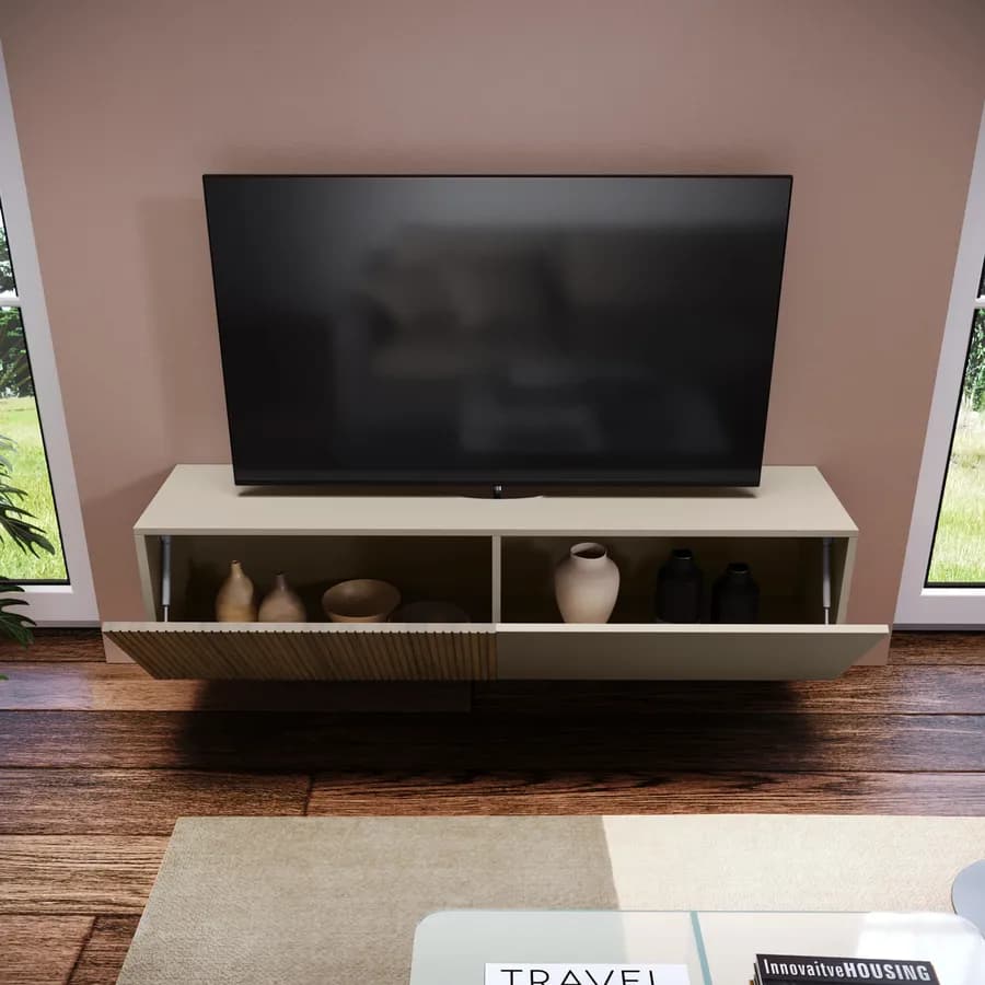 Mobile porta tv sospeso 135x32h cm tortora e rovere millennium cannettato con 2 ante - Zelma