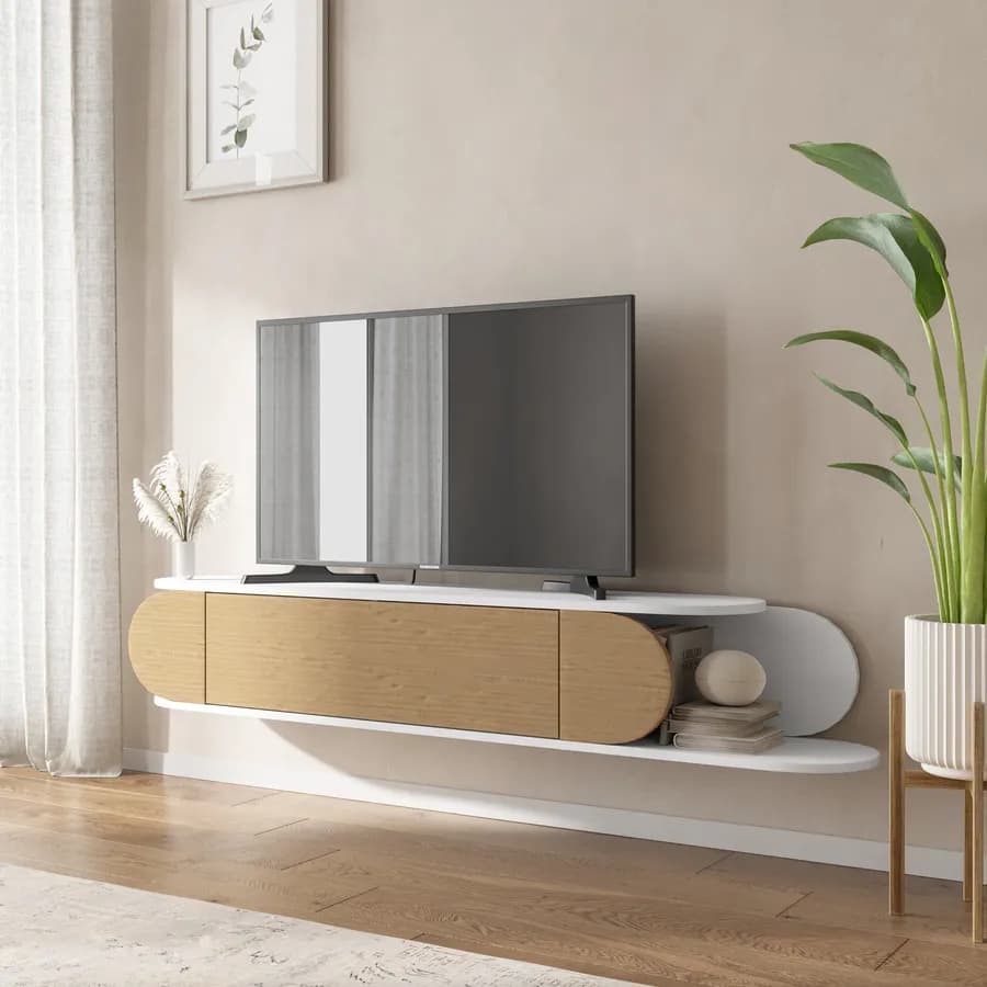 Mobile porta tv sospeso 180x30h cm bianco e rovere con 1 anta a ribalta - Lorna