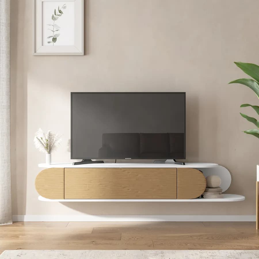Mobile porta tv sospeso 180x30h cm bianco e rovere con 1 anta a ribalta - Lorna