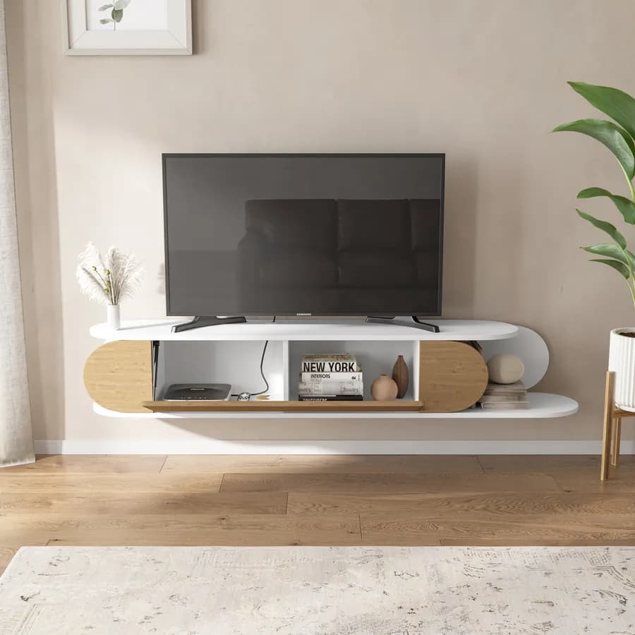 Mobile porta tv sospeso 180x30h cm bianco e rovere con 1 anta a ribalta - Lorna