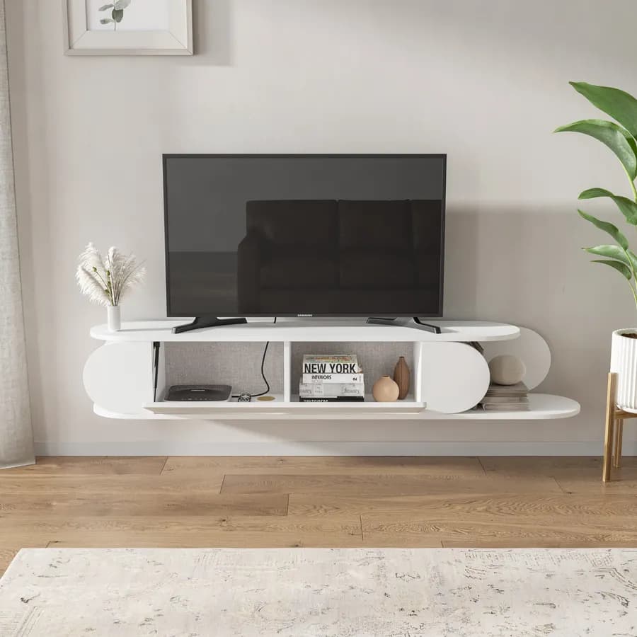 Mobile porta tv sospeso 180x30h cm bianco con 1 anta a ribalta - Lorna