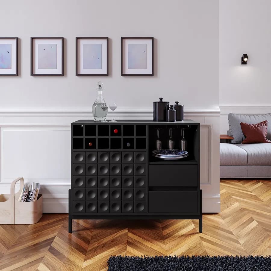 Mobile portabottiglie 108x90h cm nero con piedi in metallo e soft close - Miara