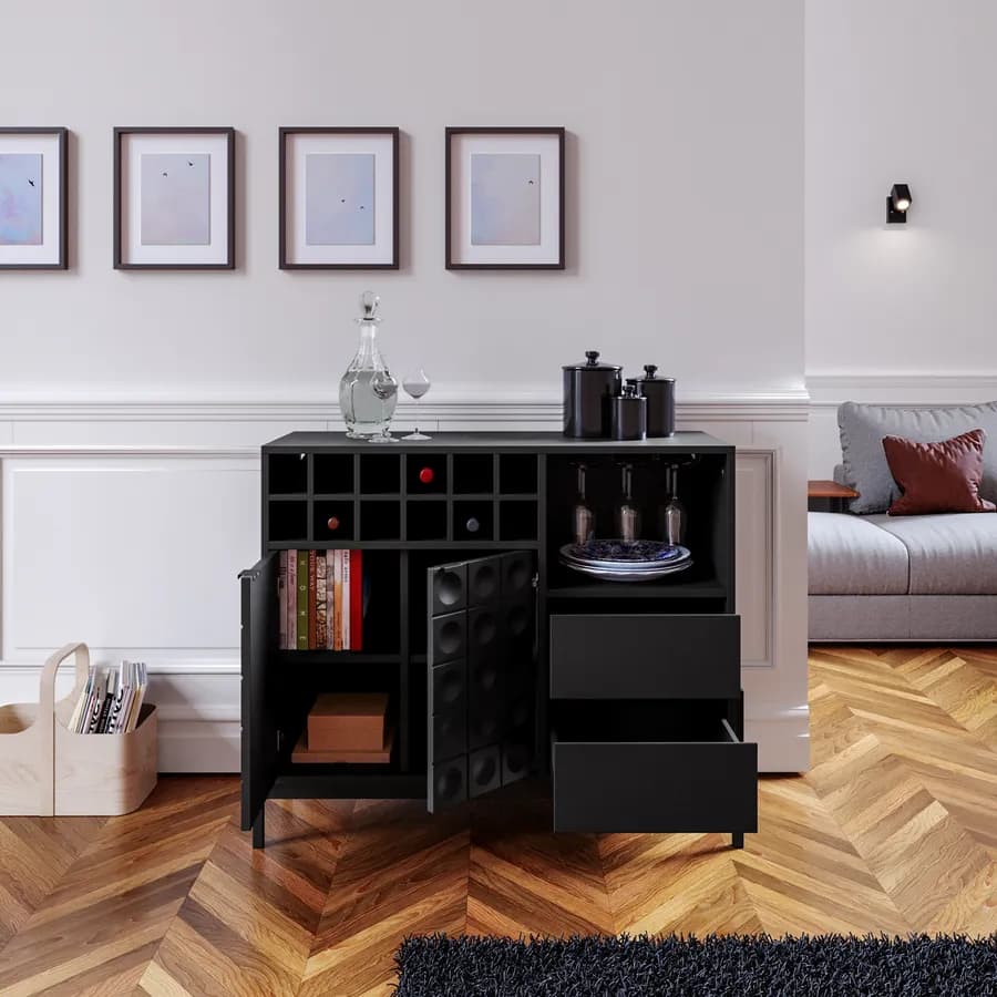 Mobile portabottiglie 108x90h cm nero con piedi in metallo e soft close - Miara