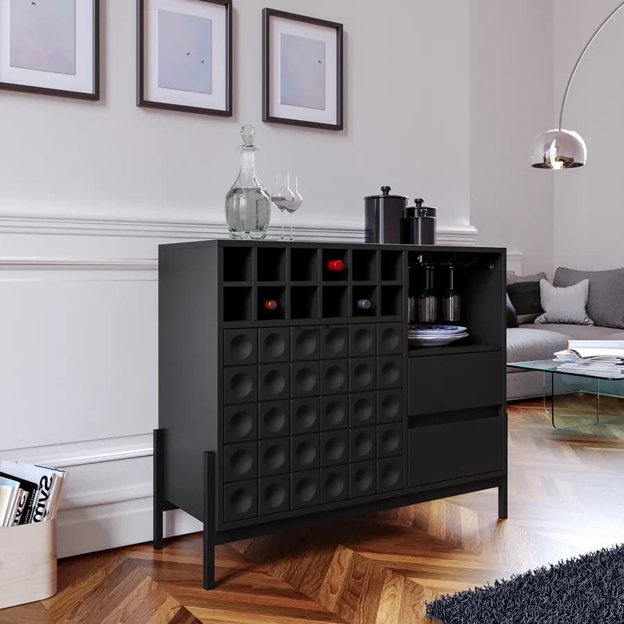 Mobile portabottiglie 108x90h cm nero con piedi in metallo e soft close - Miara
