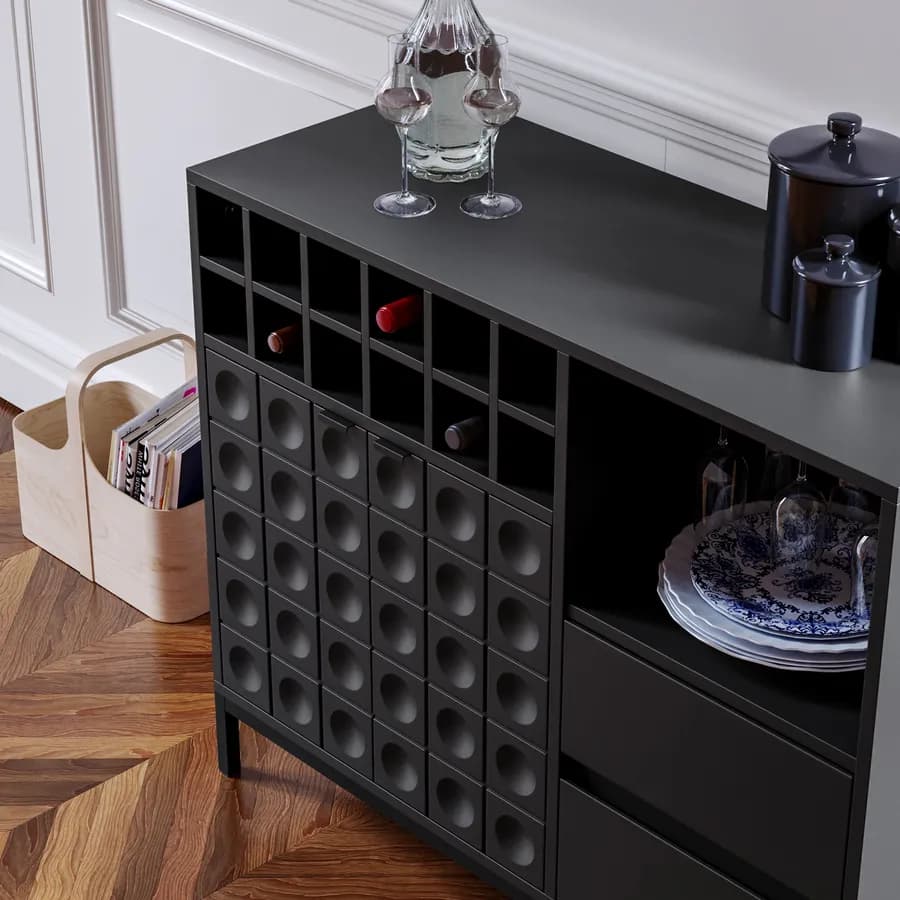 Mobile portabottiglie 108x90h cm nero con piedi in metallo e soft close - Miara