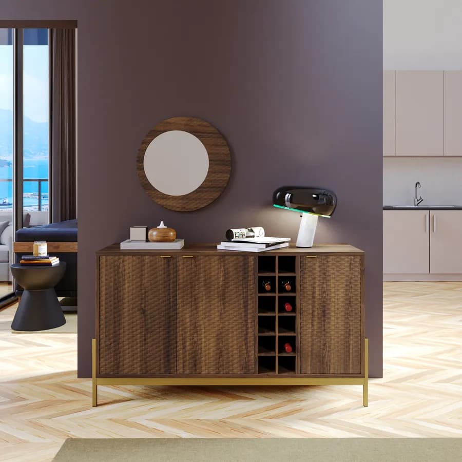 Mobile portabottiglie 135x78h cm noce con piedi in metallo oro bronzato e soft close - Kyra