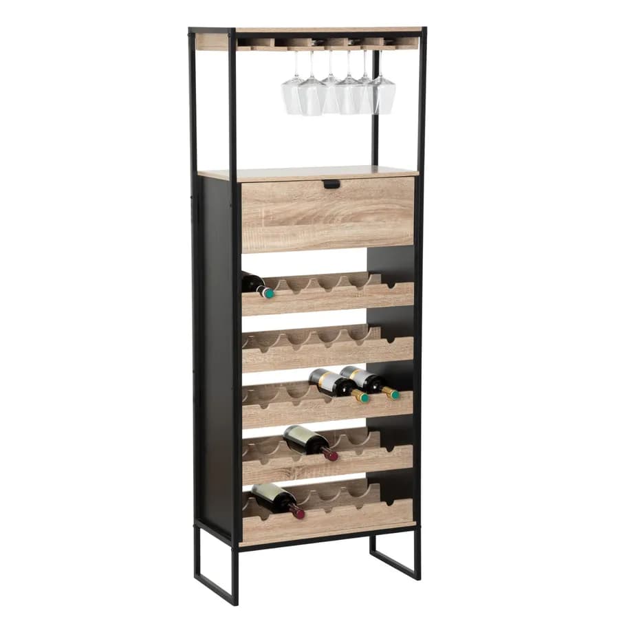 Mobile portabottiglie 160h cm effetto rovere e acciaio nero con portabicchieri - Emyl