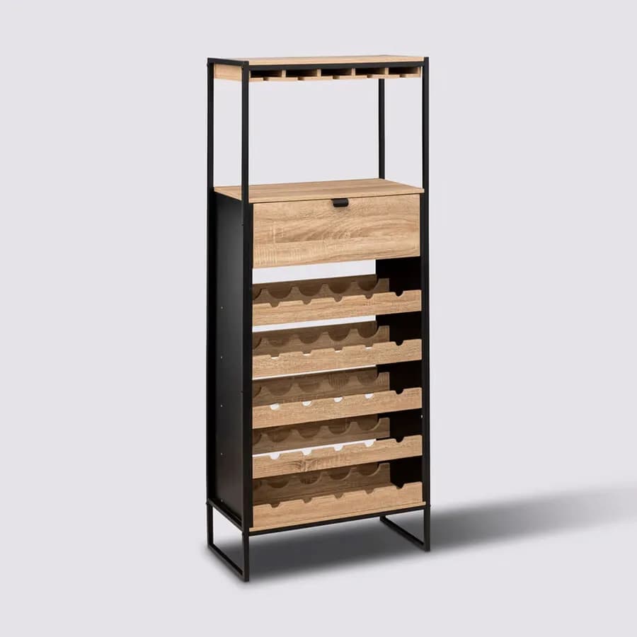 Mobile portabottiglie 160h cm effetto rovere e acciaio nero con portabicchieri - Emyl