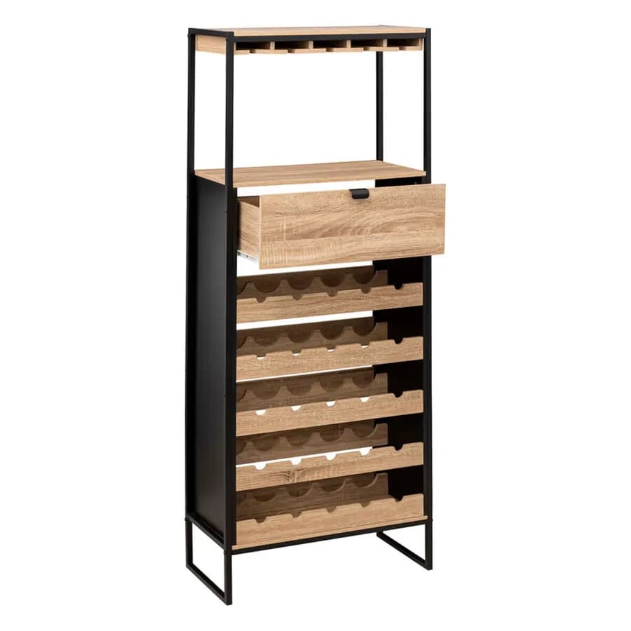 Mobile portabottiglie 160h cm effetto rovere e acciaio nero con portabicchieri - Emyl