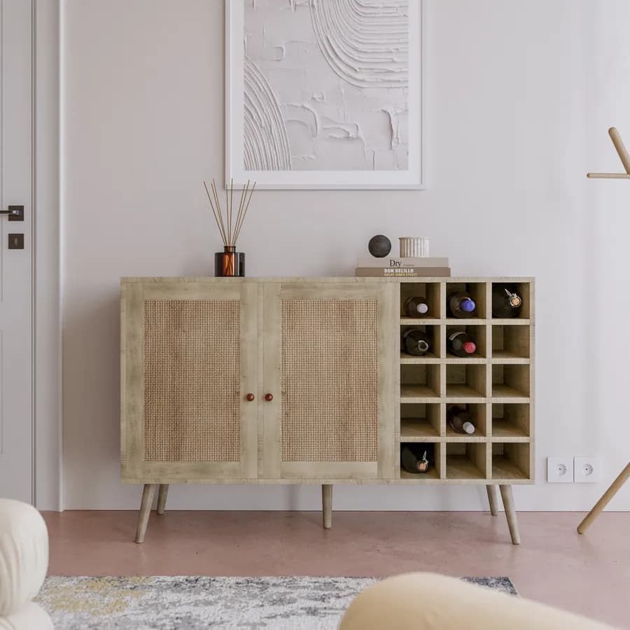 Madia 120x71h cm in legno naturale con portabottiglie e 2 ante in rattan - Boheme
