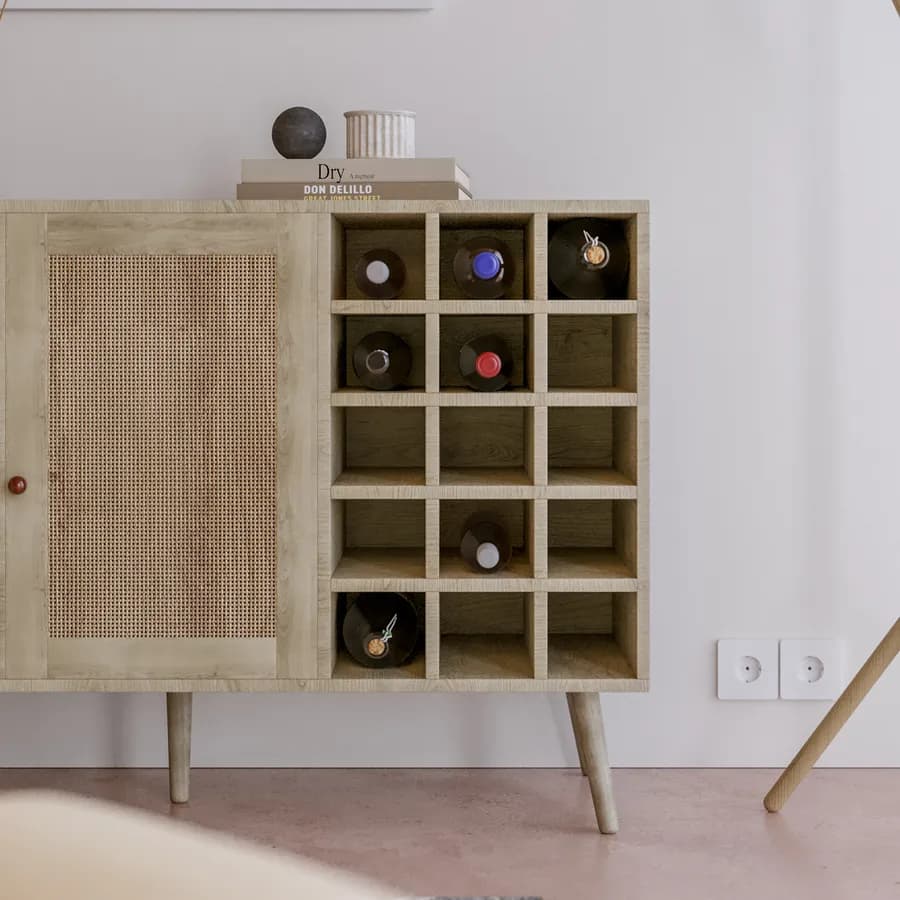 Madia 120x71h cm in legno naturale con portabottiglie e 2 ante in rattan - Boheme