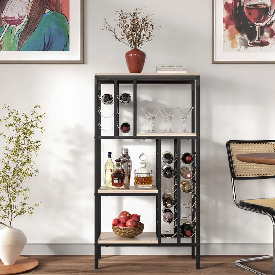 Mobile portabottiglie 69x127h cm in metallo nero e legno effetto rovere - Gimlet