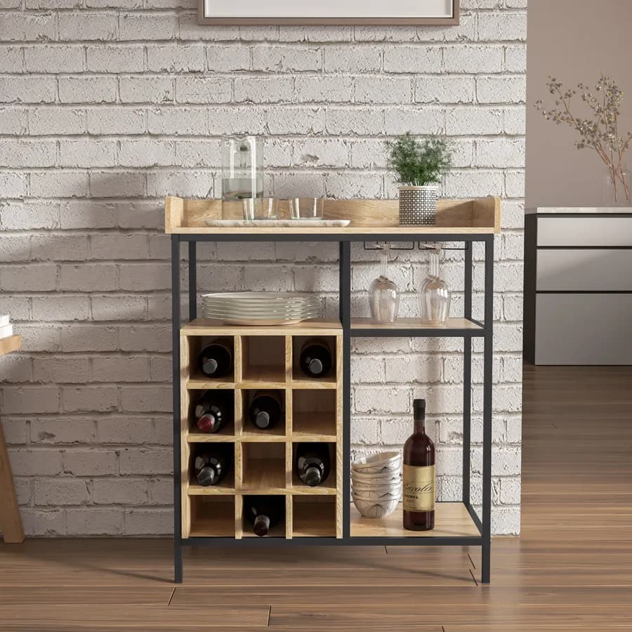 Mobile portabottiglie 70x82h cm in metallo nero e legno effetto rovere - Tipar