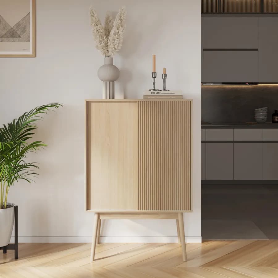 Mobile portabottiglie 80x120h cm effetto legno di betulla baltica con portabicchieri e 2 ante scorrevoli - Monsieur