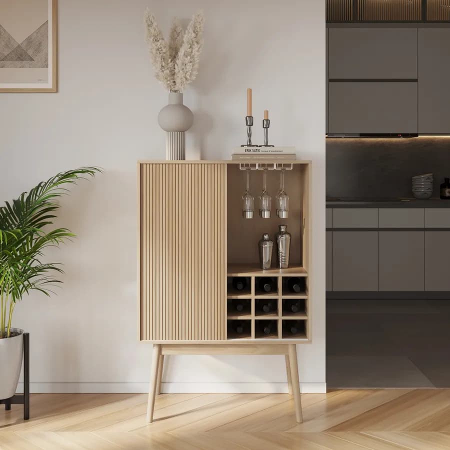 Mobile portabottiglie 80x120h cm effetto legno di betulla baltica con portabicchieri e 2 ante scorrevoli - Monsieur