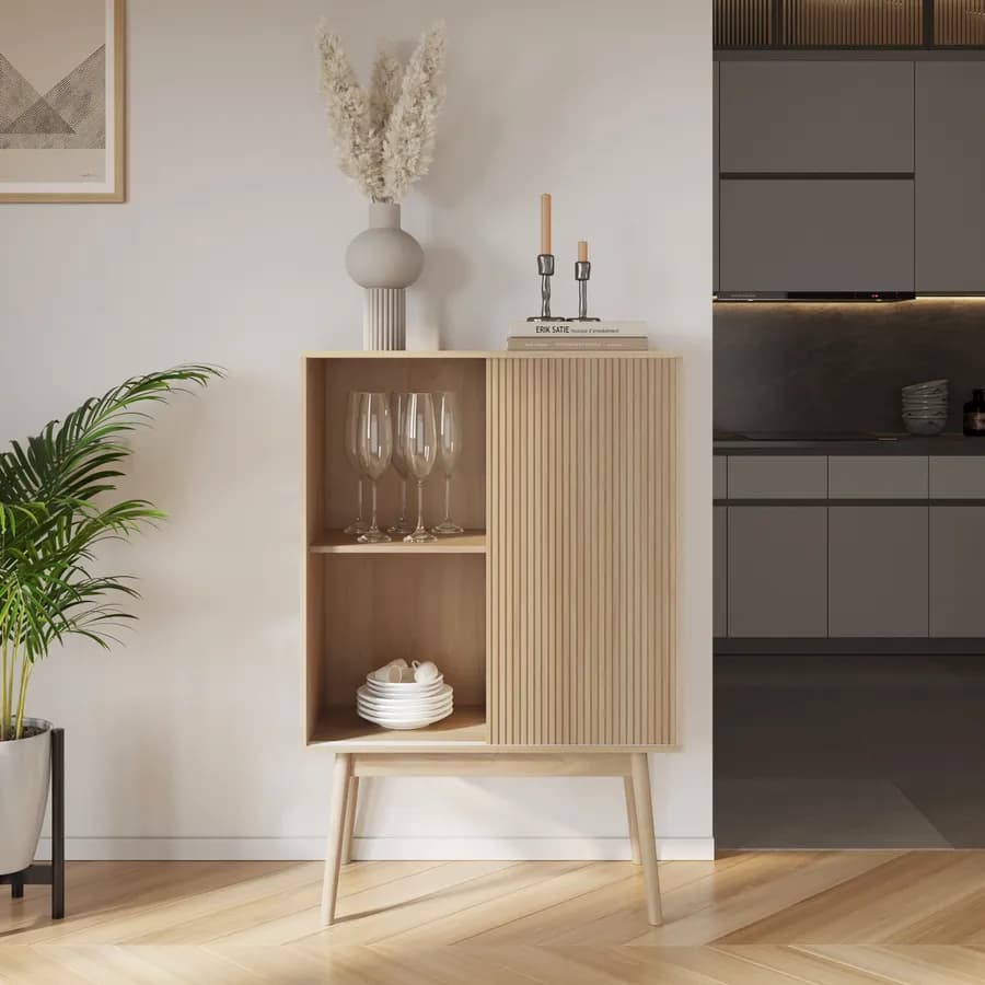 Mobile portabottiglie 80x120h cm effetto legno di betulla baltica con portabicchieri e 2 ante scorrevoli - Monsieur
