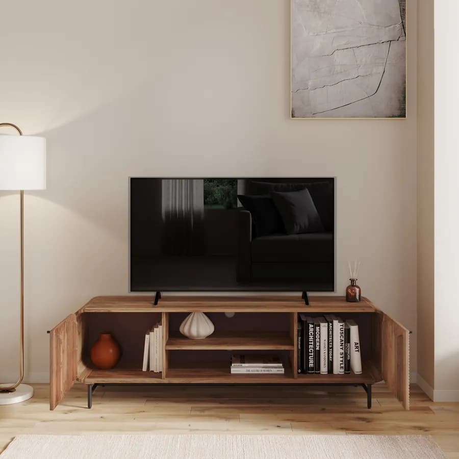 Mobile prota tv 160x50h cm in legno di mango cannettato con 2 ante - Mumbai