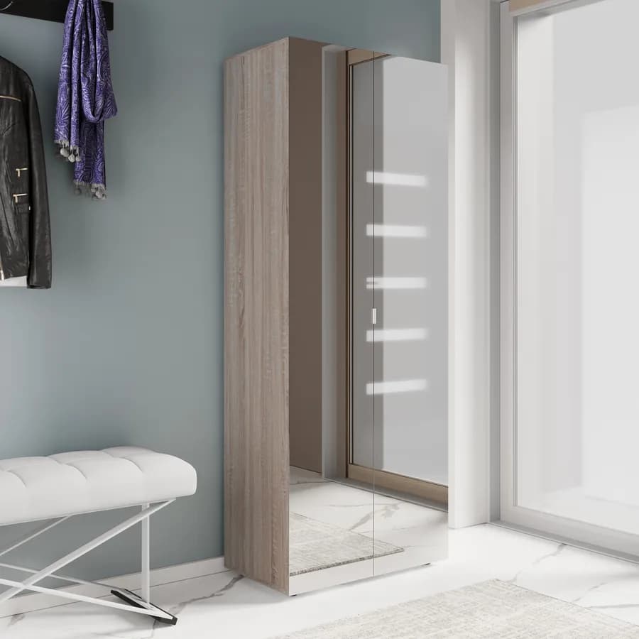 Scarpiera armadio 70x180 cm effetto rovere con 2 ante a specchio e 7 ripiani - Boos