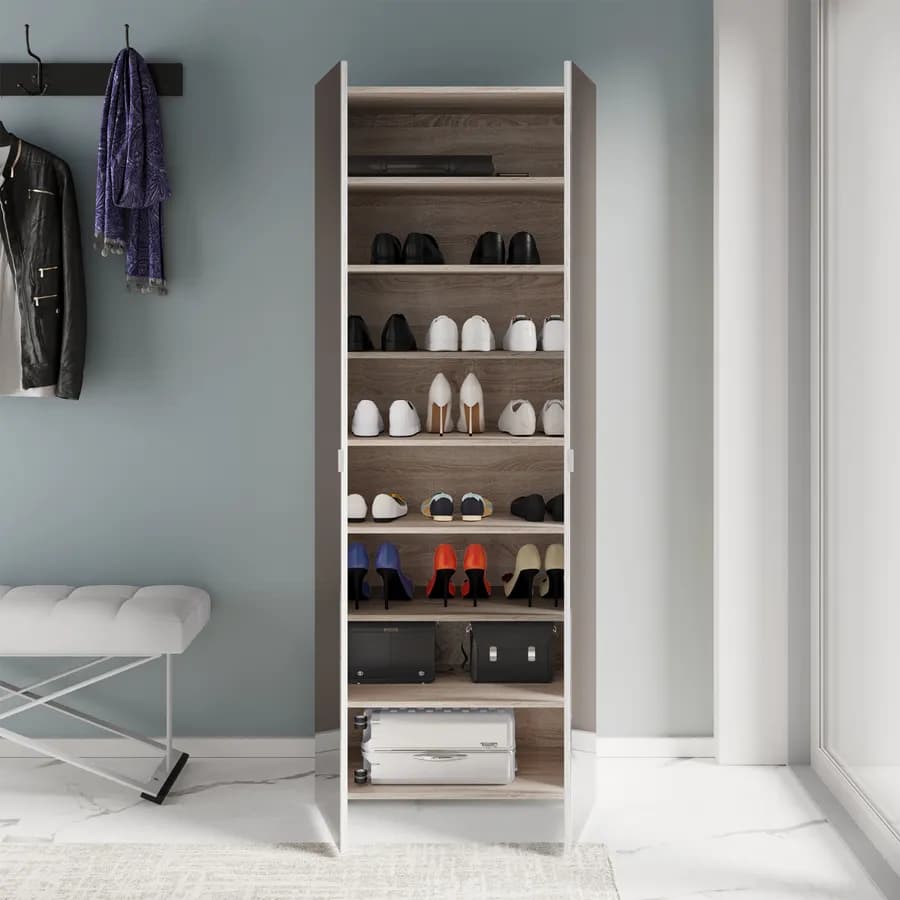 Scarpiera armadio 70x180 cm effetto rovere con 2 ante a specchio e 7 ripiani - Boos