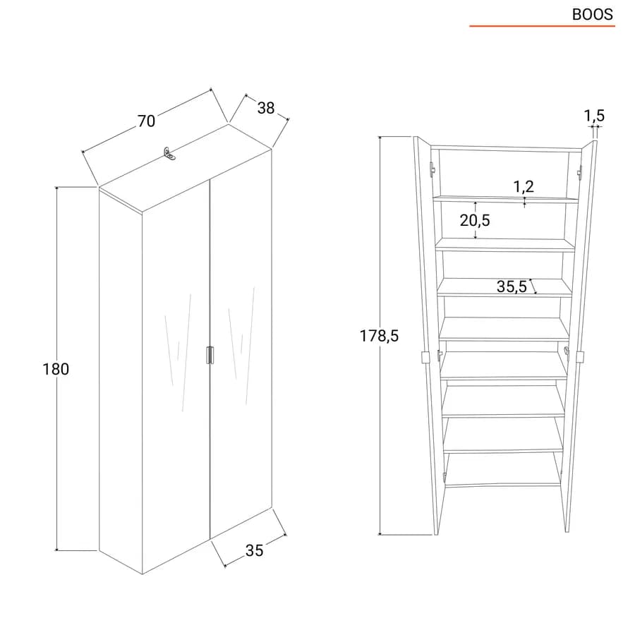 Scarpiera armadio 70x180 cm effetto rovere con 2 ante a specchio e 7 ripiani - Boos