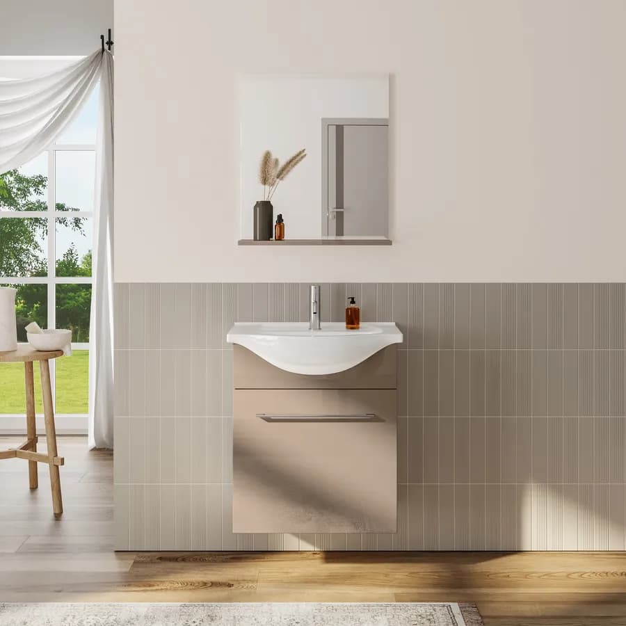 Mobile bagno sospeso 60 cm profondità 42 cm tortora lucido con specchio e mensola - Ready