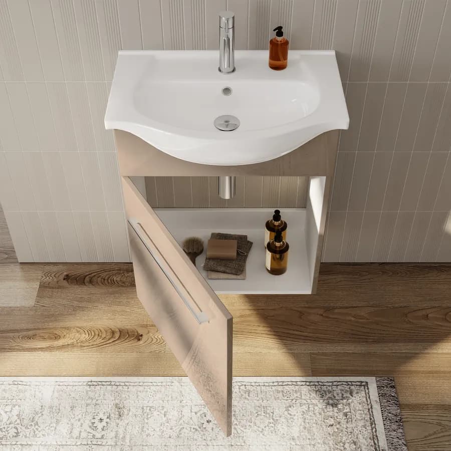 Mobile bagno sospeso 60 cm profondità 42 cm tortora lucido con specchio e mensola - Ready